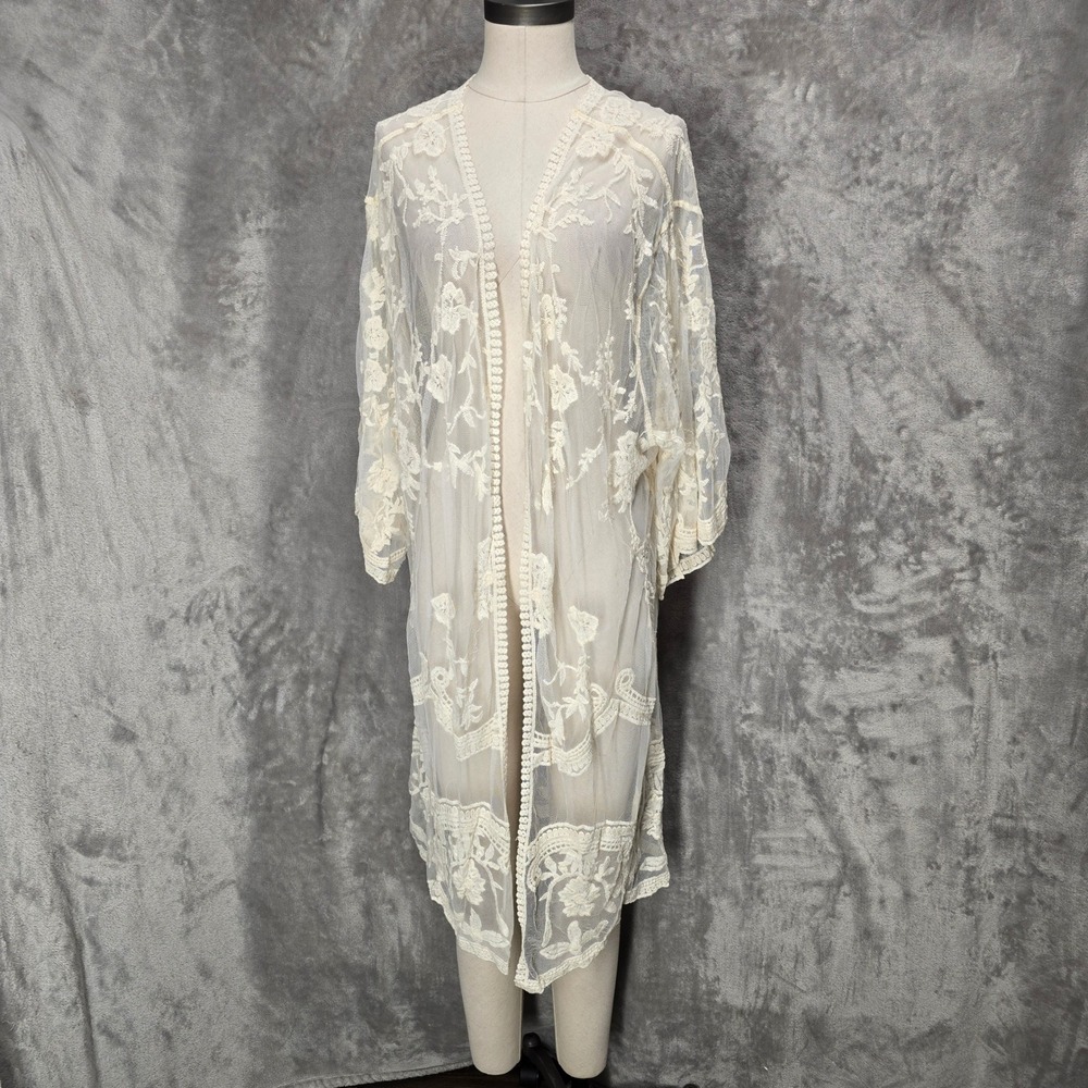 Adiva Kimono Cardigan Women 1X Cream Lace Embroidered Sheer Ethereal Whimsical